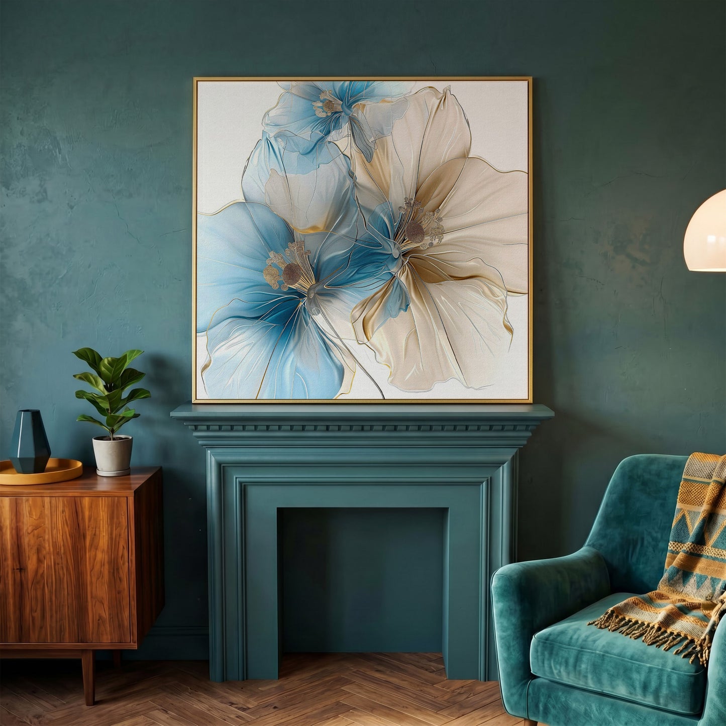 Abstract Floral Canvas Art, Large Blue Beige Flower Print in yellow gold floating frame
