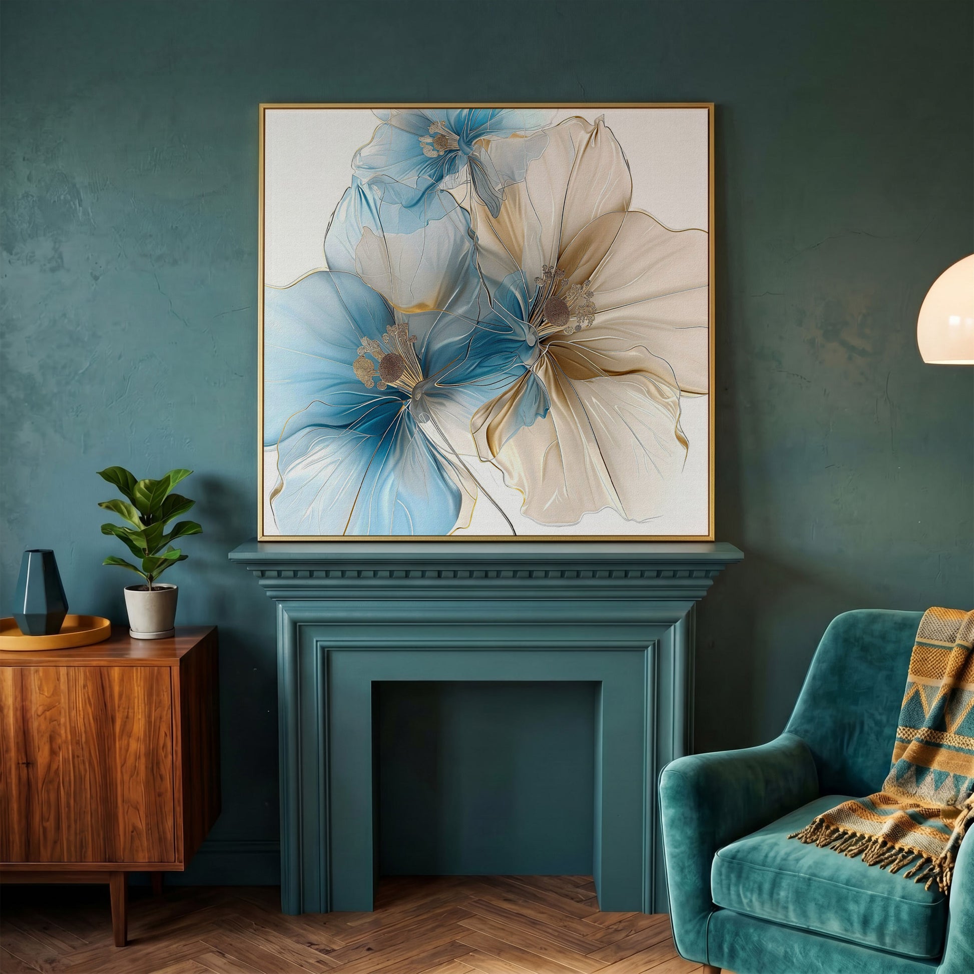 Abstract Floral Canvas Art, Large Blue Beige Flower Print in yellow gold floating frame