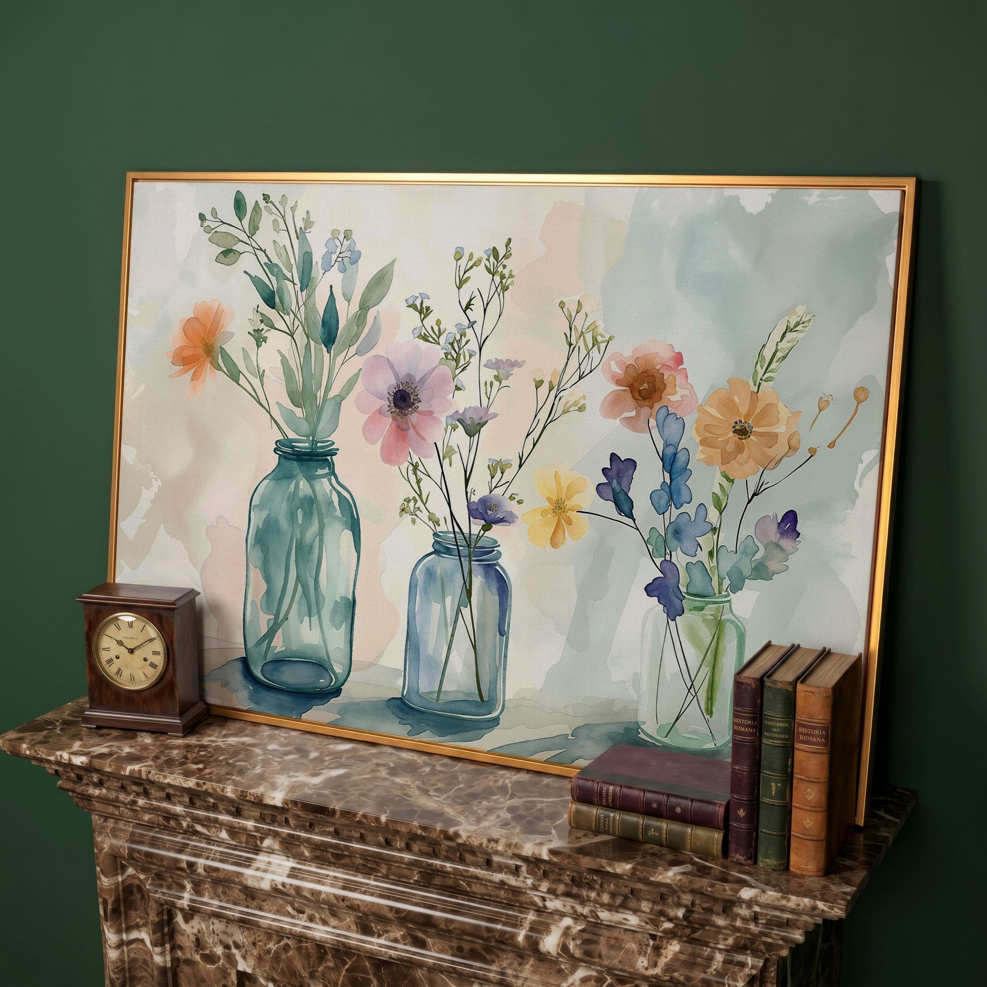 Wildflowers in Jars Canvas Print in antique gold floating frame