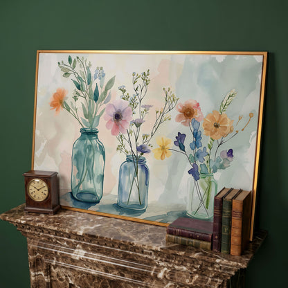 Wildflowers in Jars Canvas Print in antique gold floating frame
