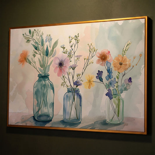 Wildflowers in Jars Canvas Print shown in antique gold floating frame