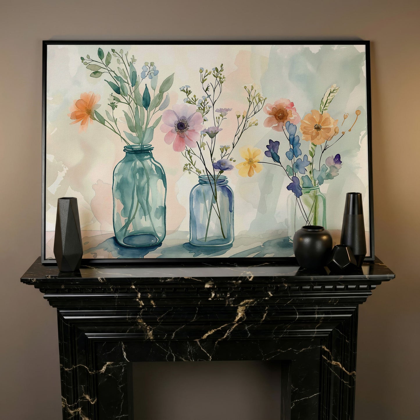 Wildflowers in Jars Canvas Print in black floating frame