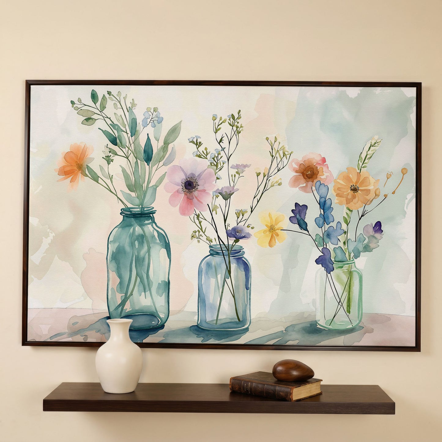 Wildflowers in Jars Canvas Print in dark walnut floating frame