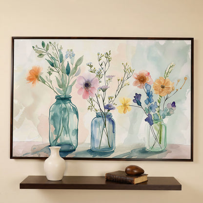 Wildflowers in Jars Canvas Print in dark walnut floating frame