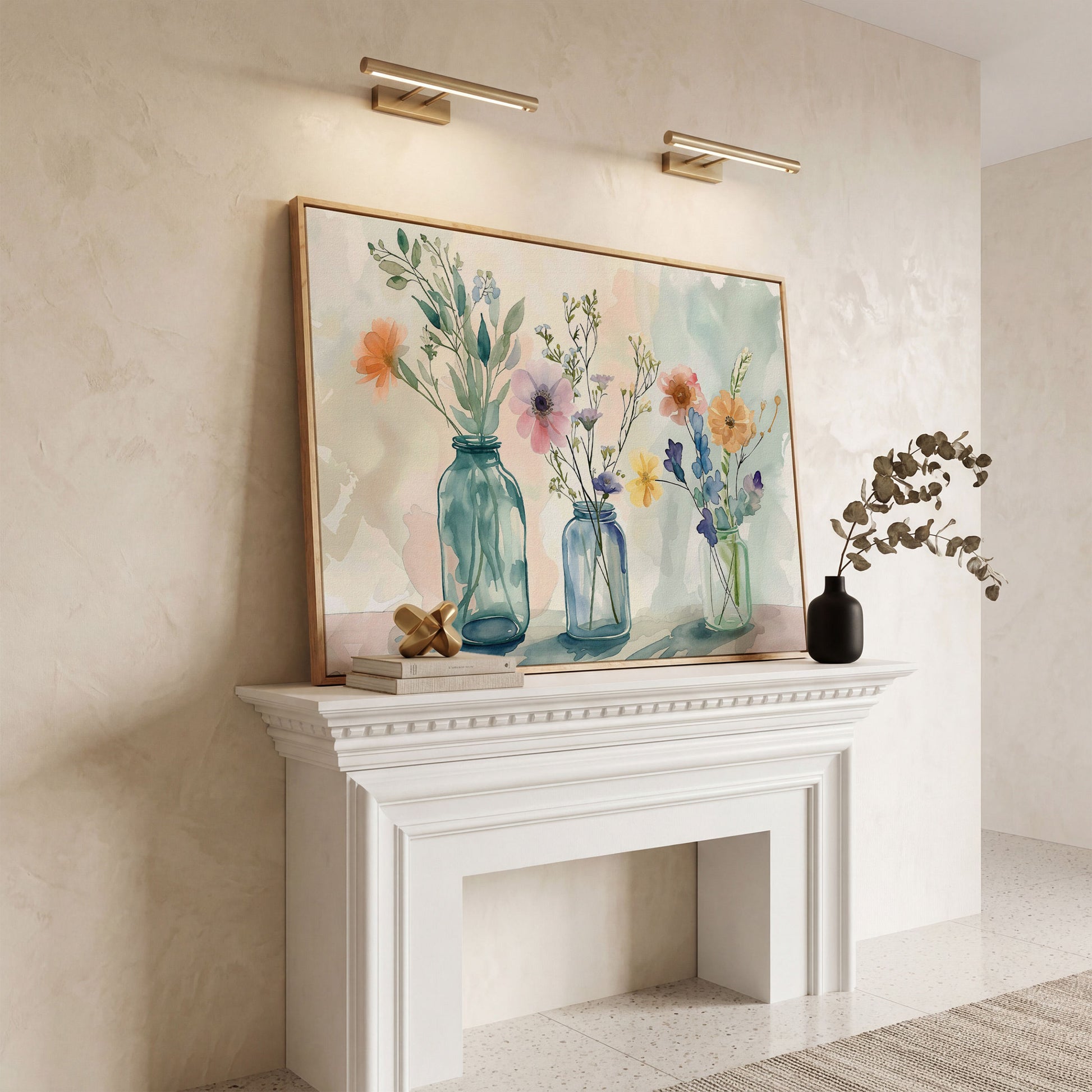 Wildflowers in Jars Canvas Print in white oak floating frame
