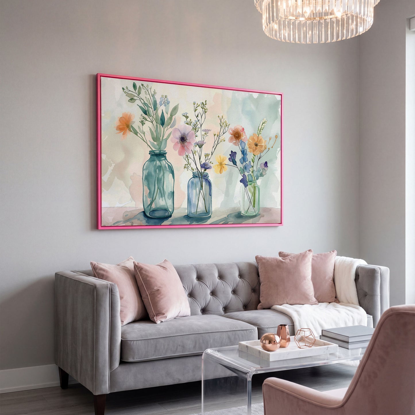 Wildflowers in Jars Canvas Print in pink floating frame