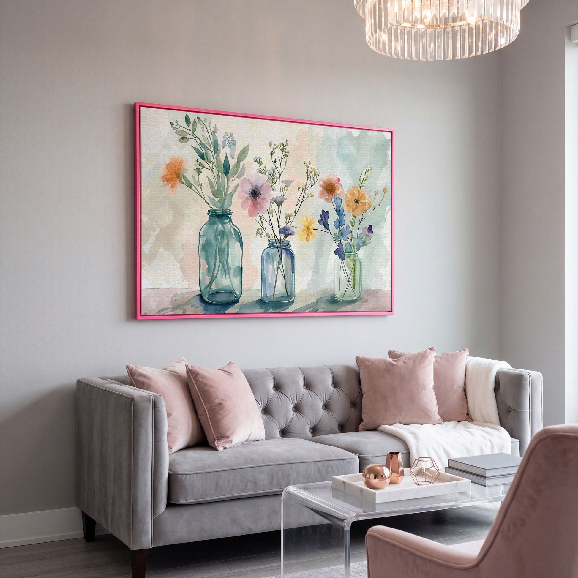 Wildflowers in Jars Canvas Print in pink floating frame