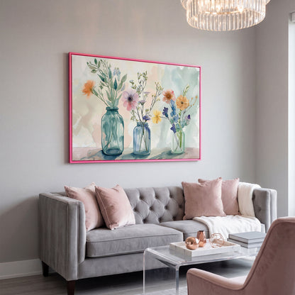 Wildflowers in Jars Canvas Print in pink floating frame