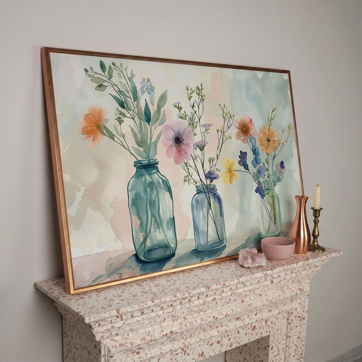 Wildflowers in Jars Canvas Print in rose gold floating frame