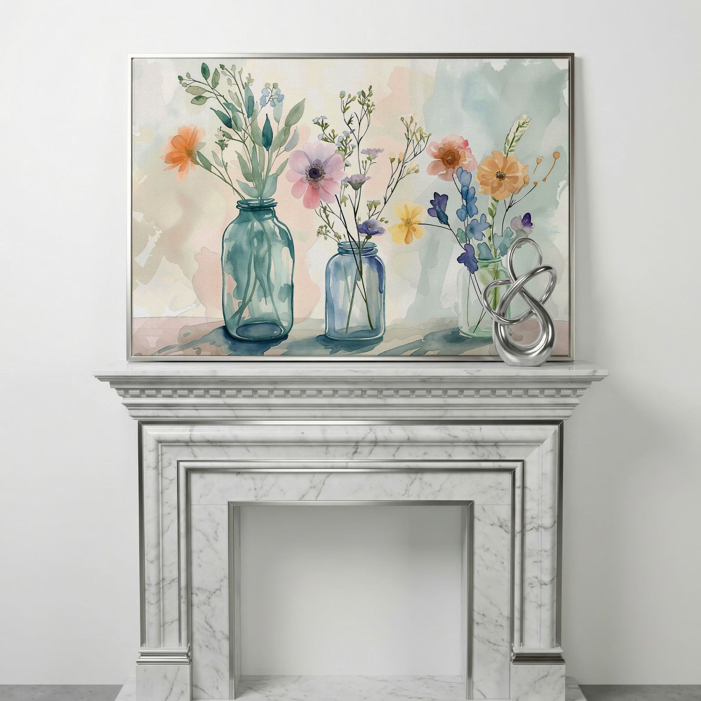 Wildflowers in Jars Canvas Print in silver floating frame