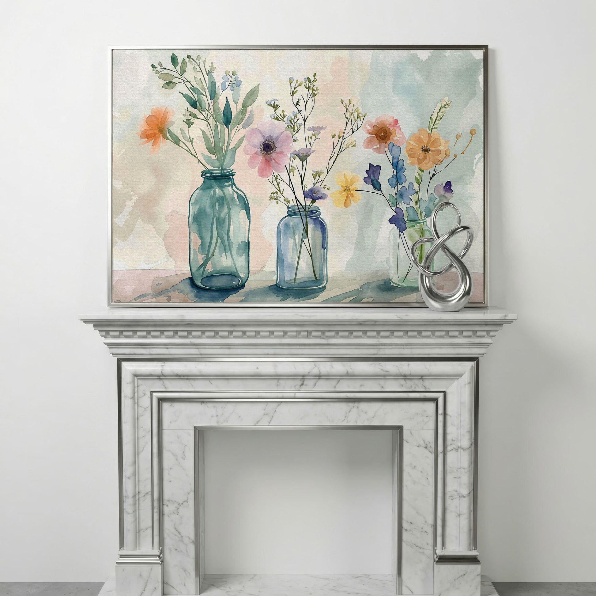 Wildflowers in Jars Canvas Print in silver floating frame
