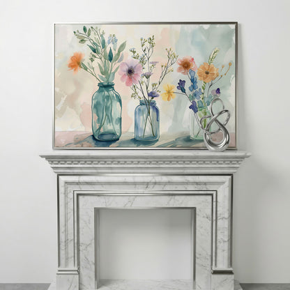 Wildflowers in Jars Canvas Print in silver floating frame