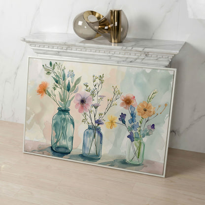 Wildflowers in Jars Canvas Print in white floating frame