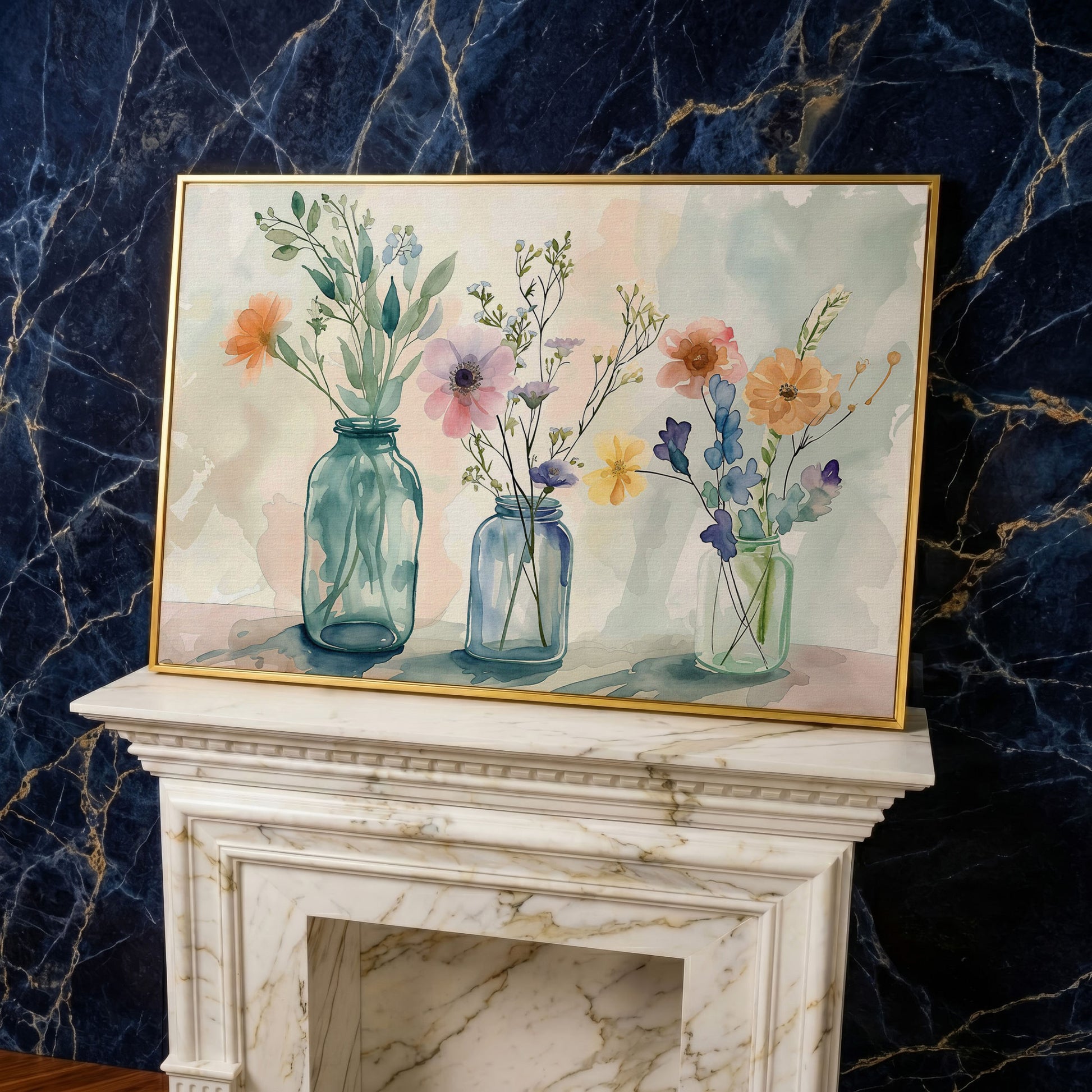 Wildflowers in Jars Canvas Print in yellow gold floating frame