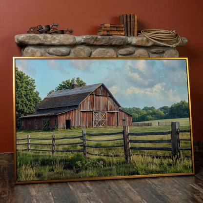 Old Farm Barn Panoramic Canvas in antique gold floating frame