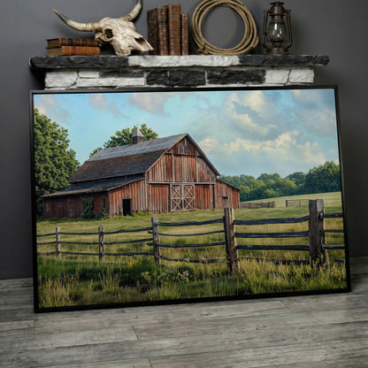 Old Farm Barn Panoramic Canvas in black floating frame