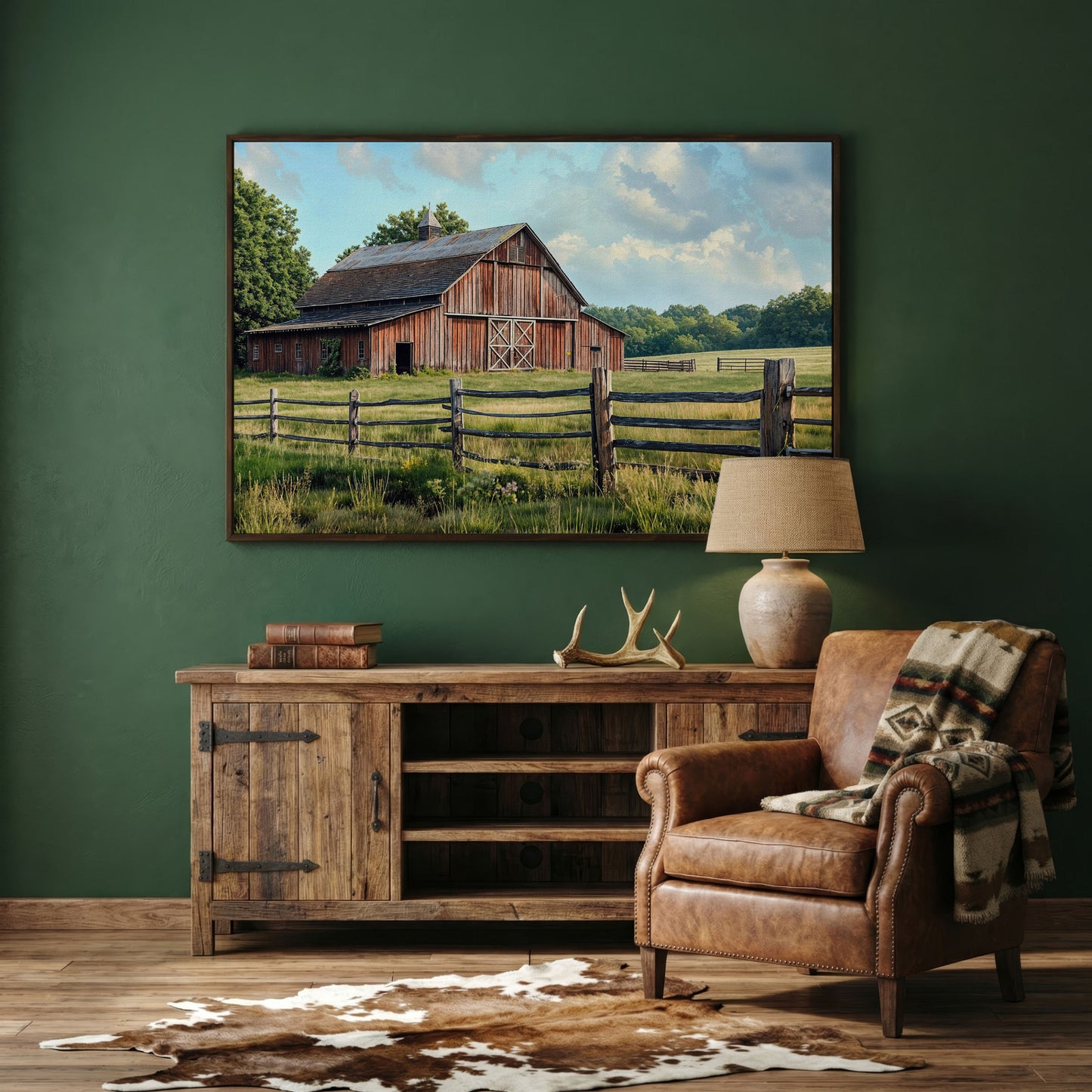 Old Farm Barn Panoramic Canvas in dark walnut floating frame