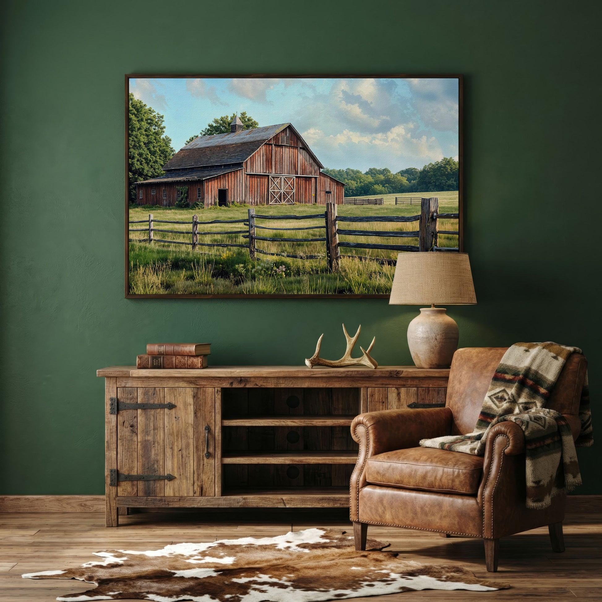 Old Farm Barn Panoramic Canvas in dark walnut floating frame