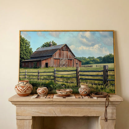 Old Farm Barn Panoramic Canvas in white oak floating frame