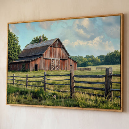 Old Farm Barn Panoramic Canvas shown in white oak floating frame