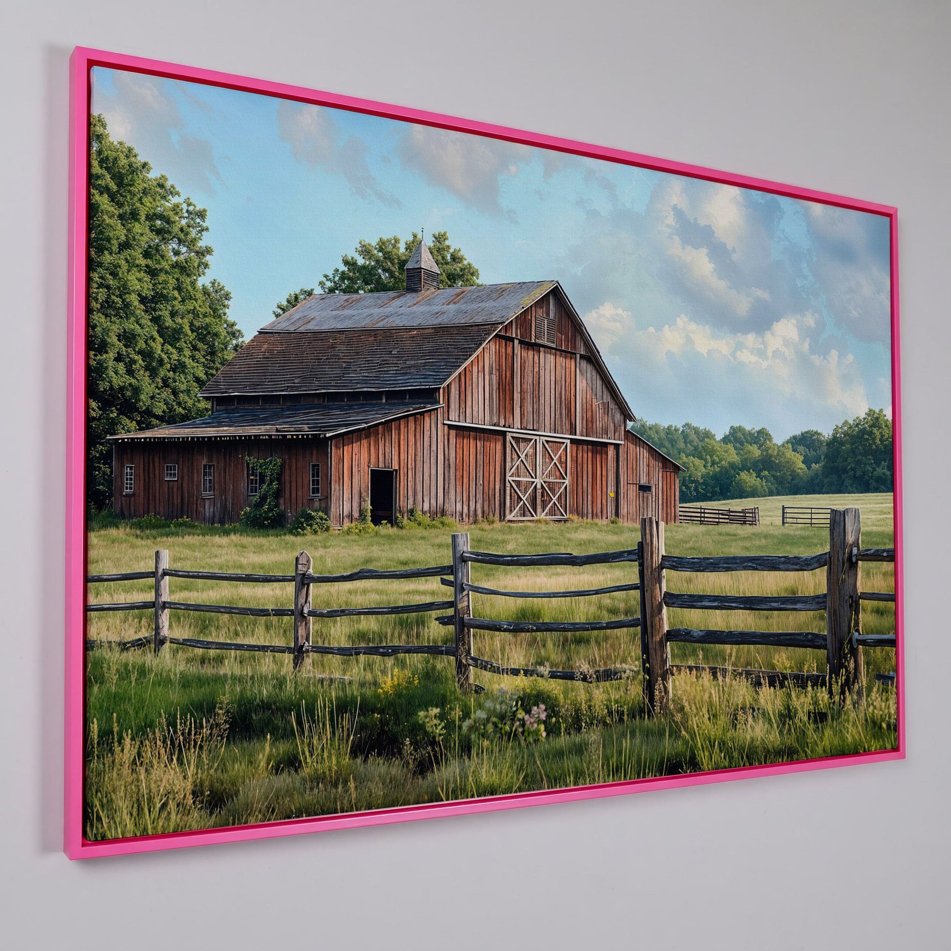 Old Farm Barn Panoramic Canvas in pink floating frame