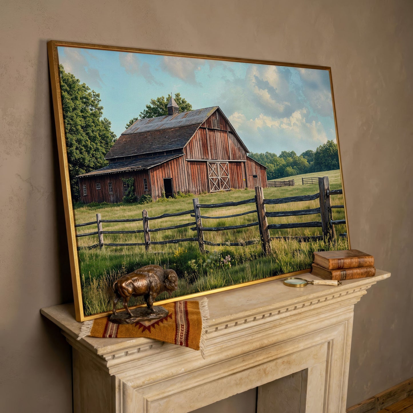 Old Farm Barn Panoramic Canvas in rose gold floating frame