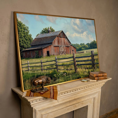 Old Farm Barn Panoramic Canvas in rose gold floating frame