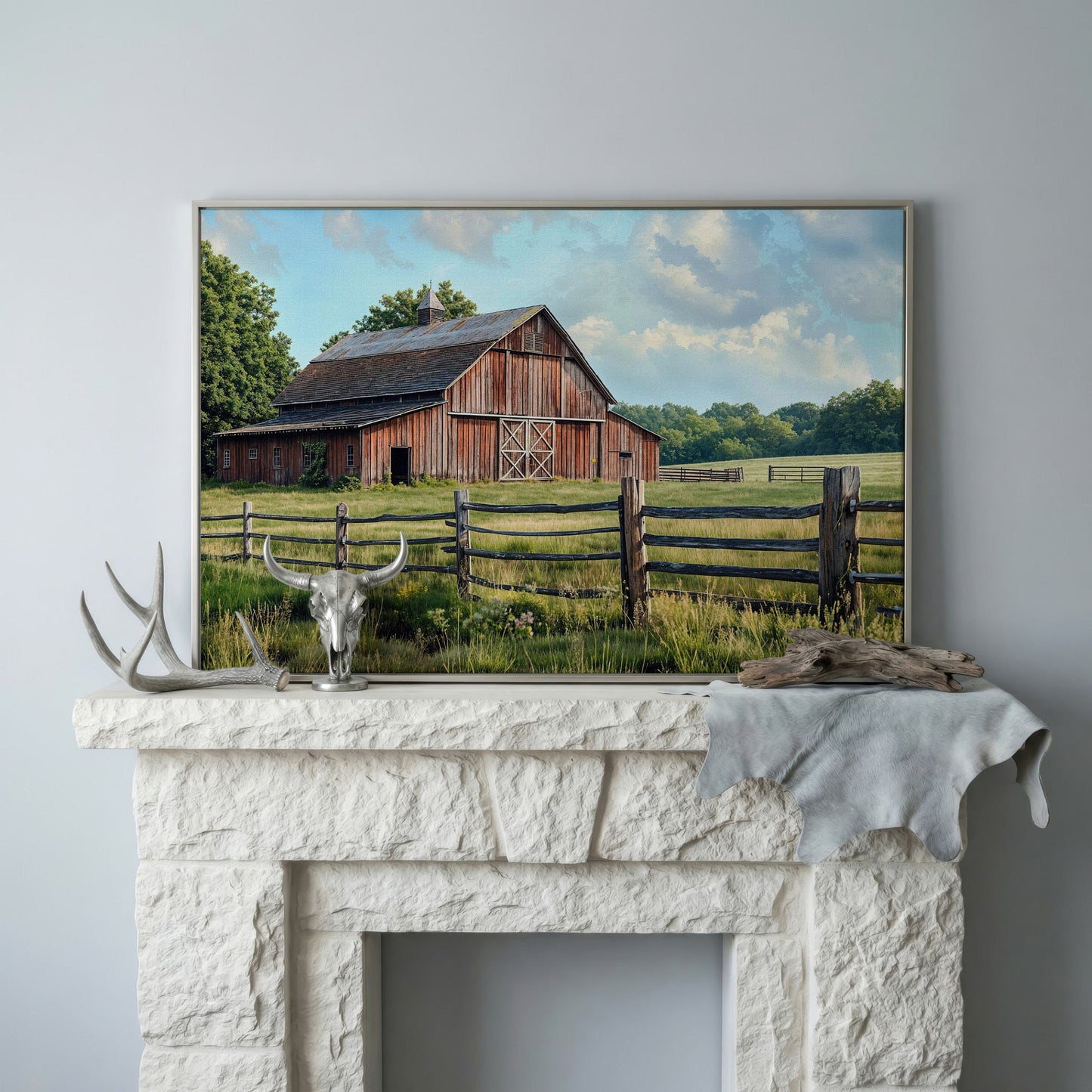 Old Farm Barn Panoramic Canvas in silver floating frame