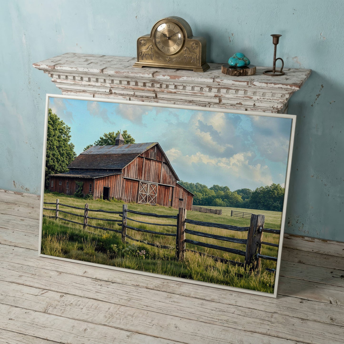 Old Farm Barn Panoramic Canvas in white floating frame