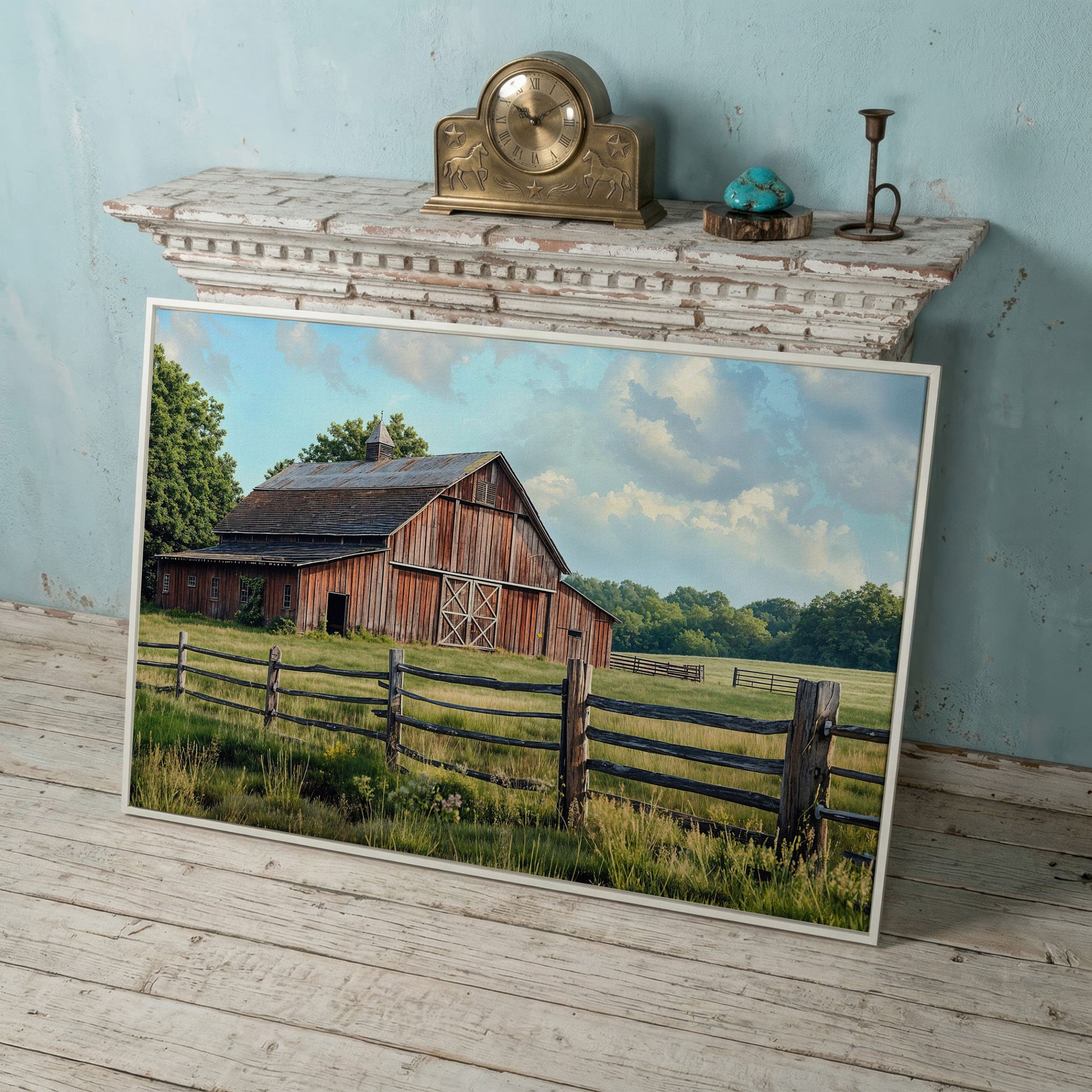 Old Farm Barn Panoramic Canvas in white floating frame