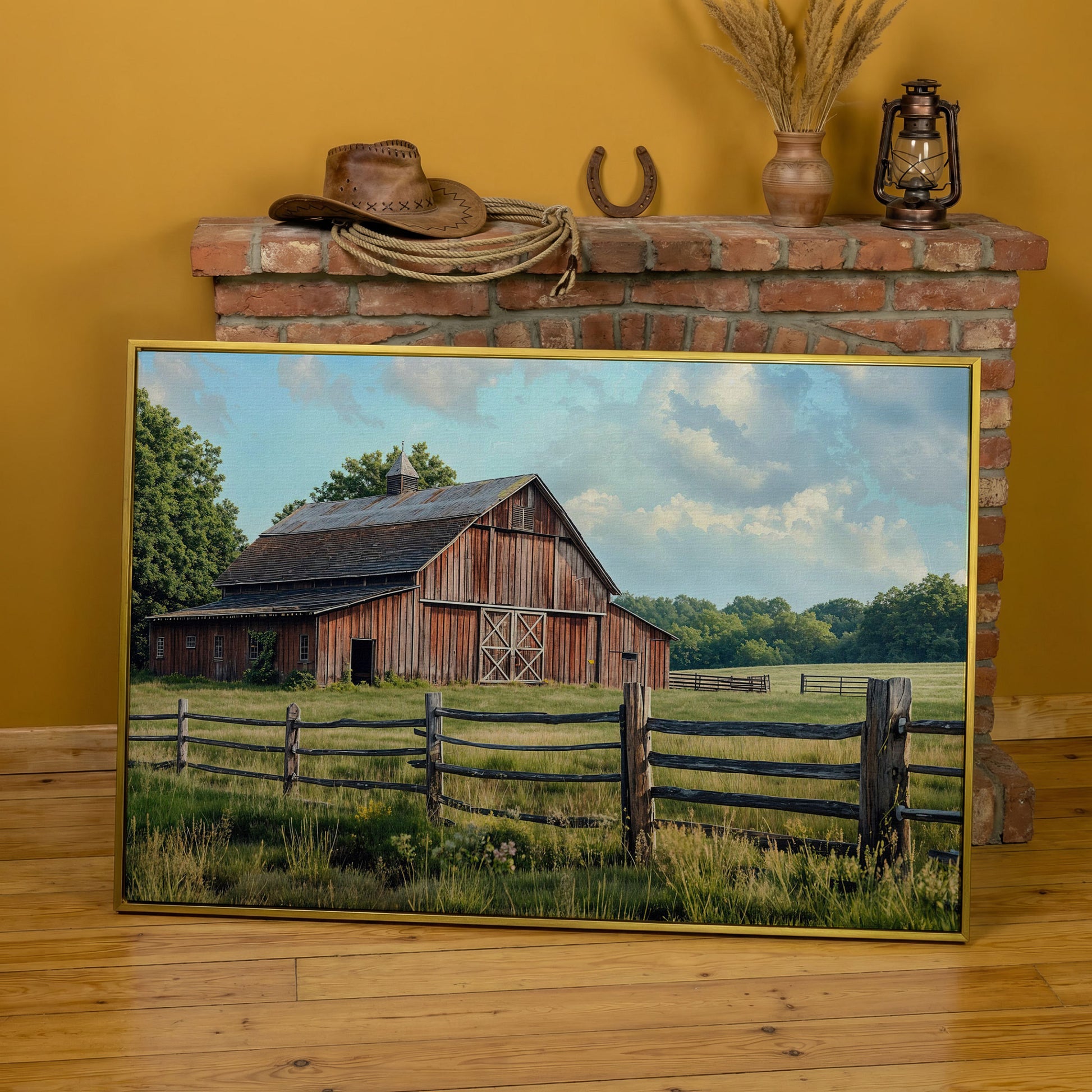 Old Farm Barn Panoramic Canvas in yellow gold floating frame