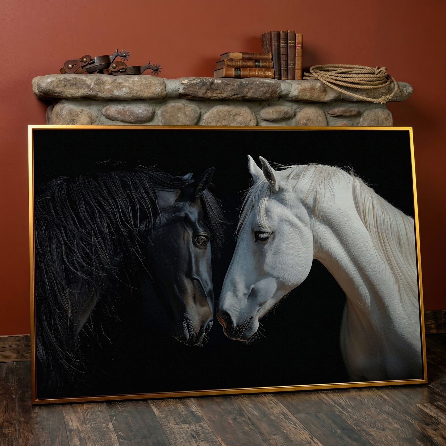 Black and White Horse Portrait Canvas in antique gold floating frame