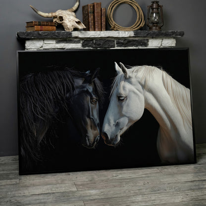 Black and White Horse Portrait Canvas in black floating frame