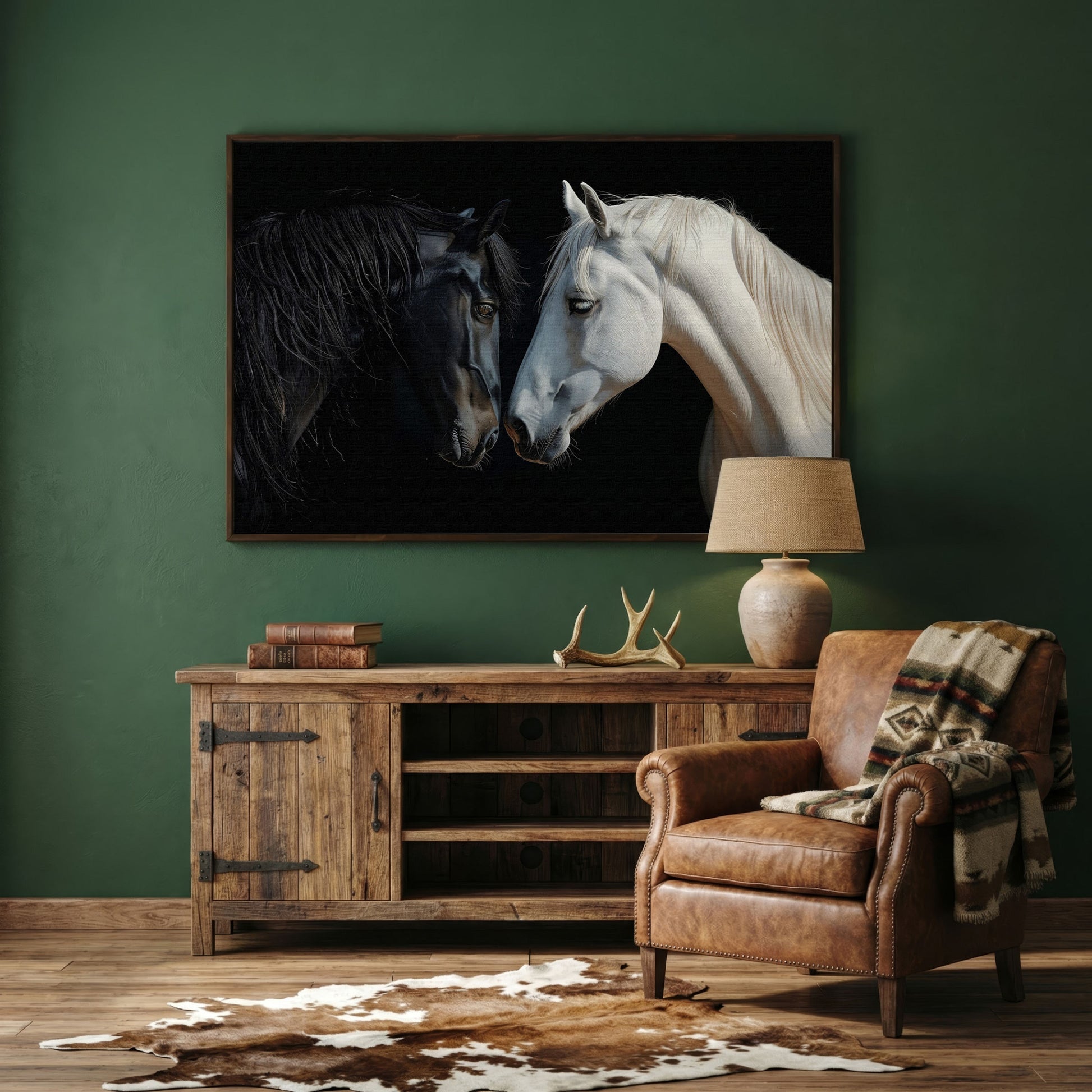 Black and White Horse Portrait Canvas in dark walnut floating frame