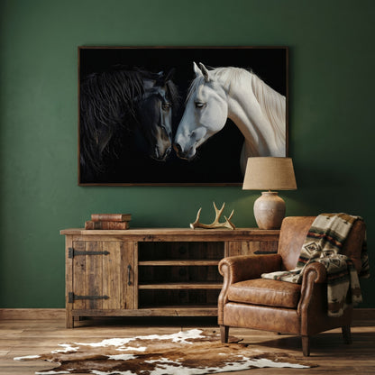 Black and White Horse Portrait Canvas in dark walnut floating frame