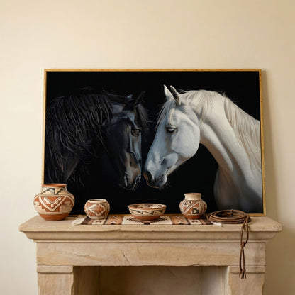 Black and White Horse Portrait Canvas in white oak floating frame