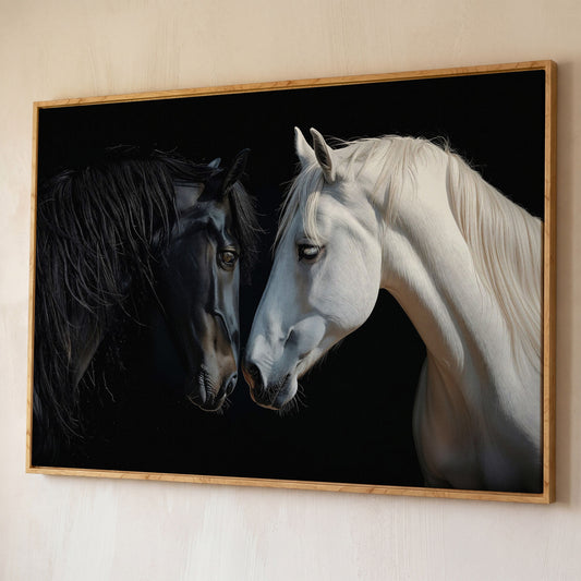 Black and White Horse Portrait Canvas shown in white oak floating frame