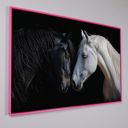 Black and White Horse Portrait Canvas in pink floating frame