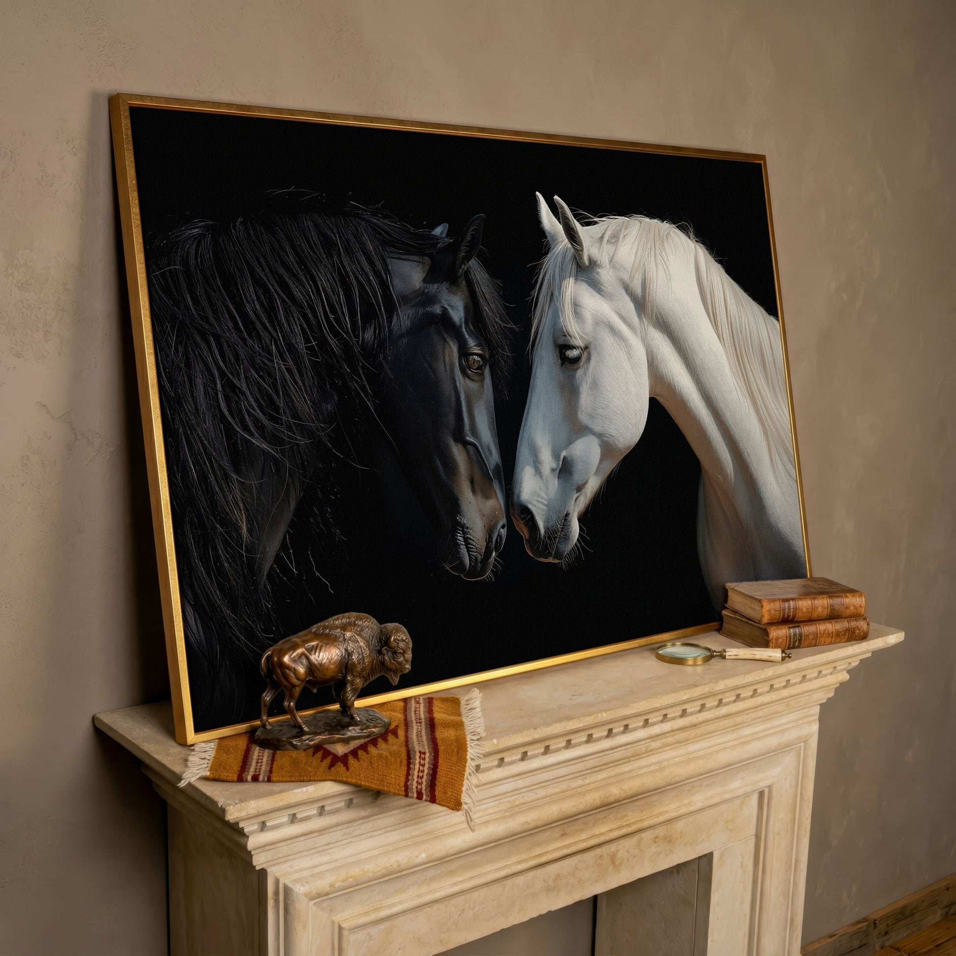 Black and White Horse Portrait Canvas in rose gold floating frame