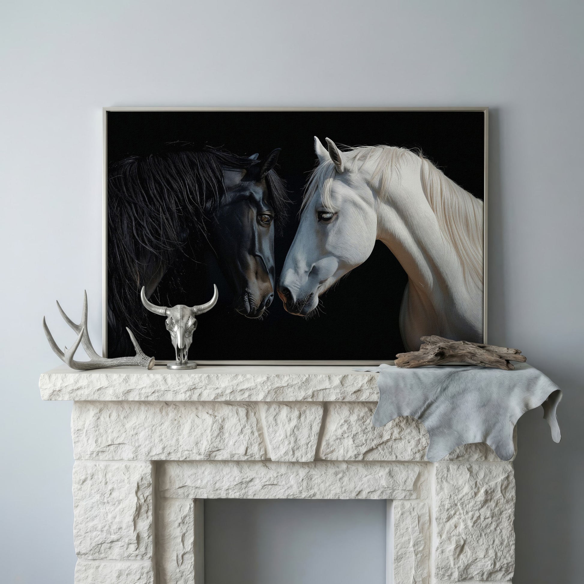 Black and White Horse Portrait Canvas in silver floating frame