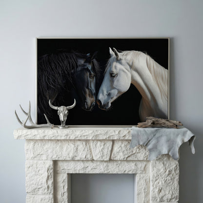 Black and White Horse Portrait Canvas in silver floating frame