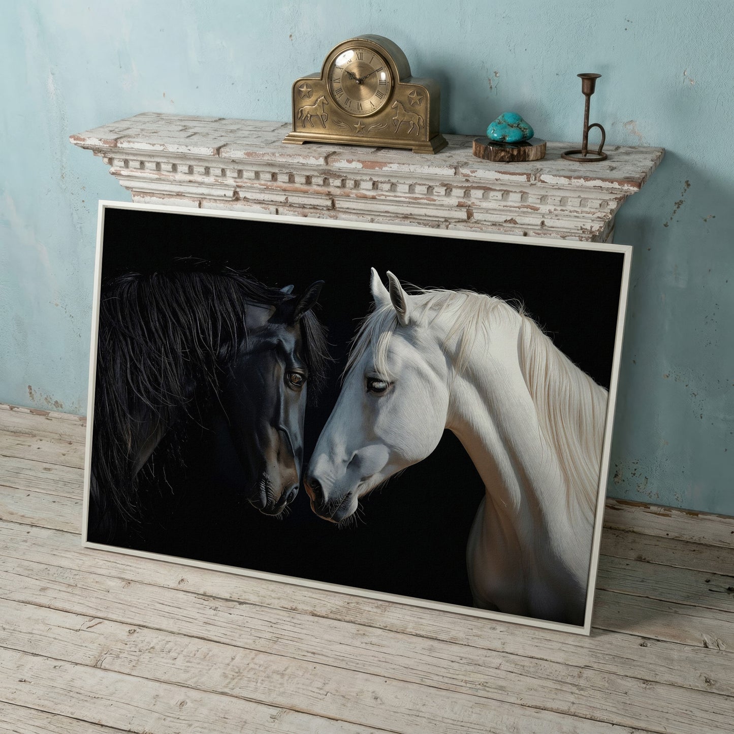 Black and White Horse Portrait Canvas in white floating frame