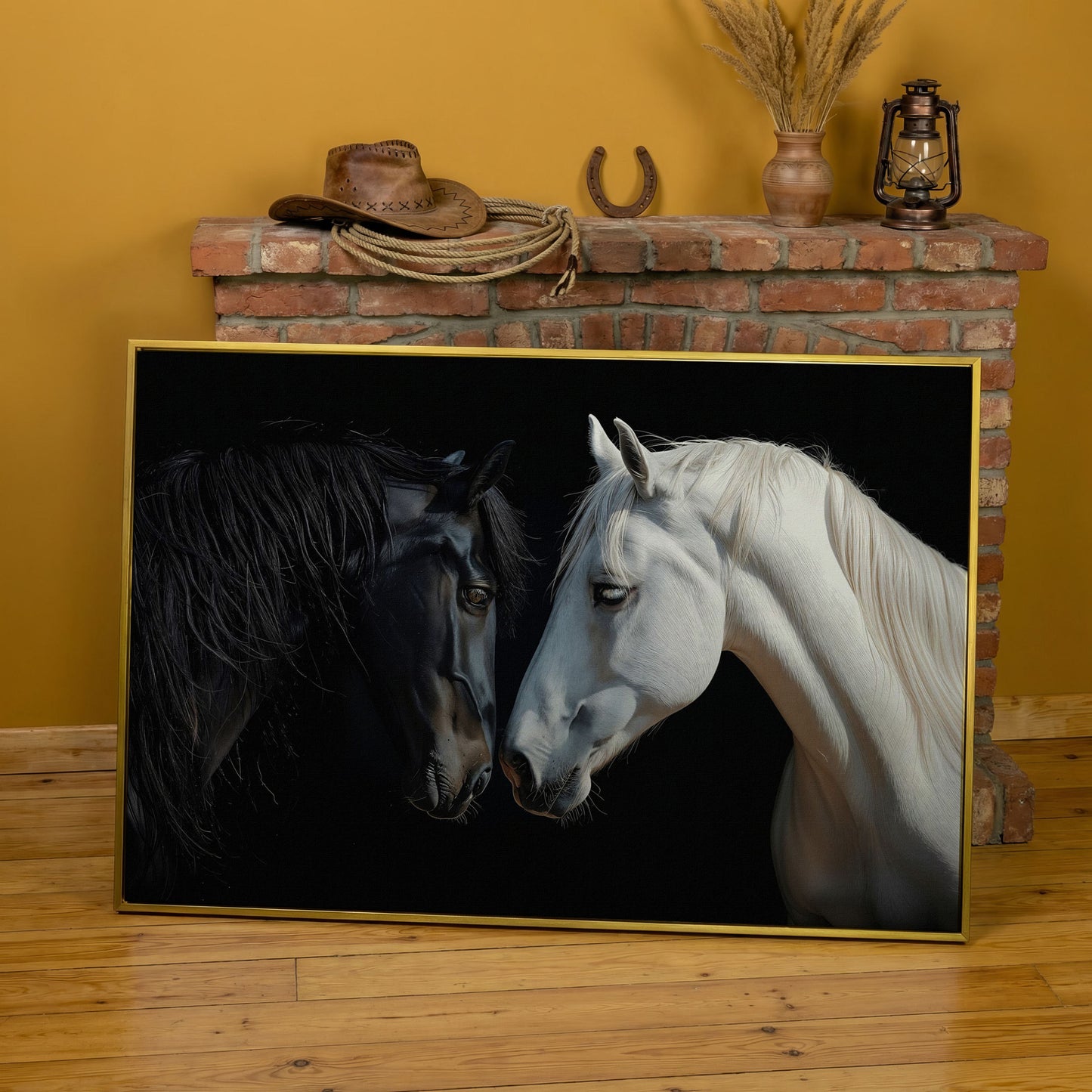Black and White Horse Portrait Canvas in yellow gold floating frame