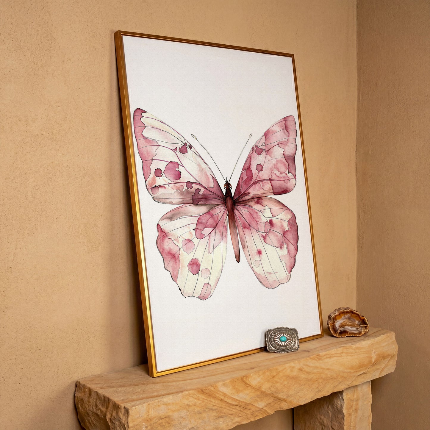 Butterfly Watercolor Canvas in Rose Quartz and Off-White in antique gold floating frame