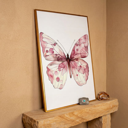 Butterfly Watercolor Canvas in Rose Quartz and Off-White in antique gold floating frame
