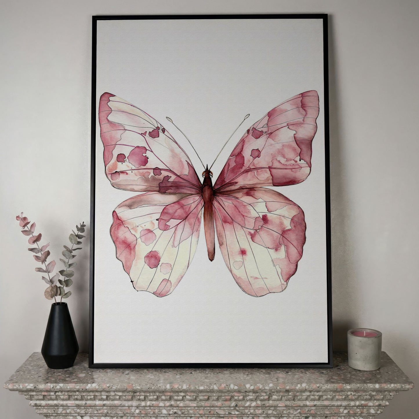 Butterfly Watercolor Canvas in Rose Quartz and Off-White in black floating frame