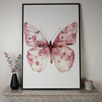Butterfly Watercolor Canvas in Rose Quartz and Off-White in black floating frame