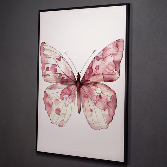 Butterfly Watercolor Canvas in Rose Quartz and Off-White shown in black floating frame