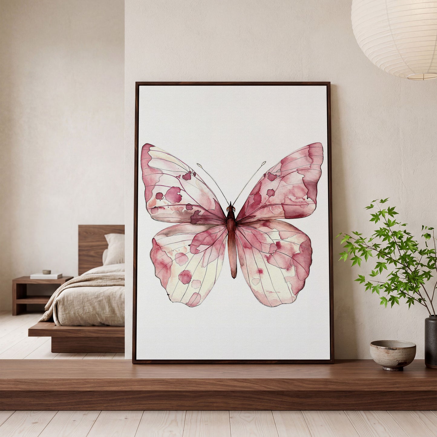 Butterfly Watercolor Canvas in Rose Quartz and Off-White in dark walnut floating frame