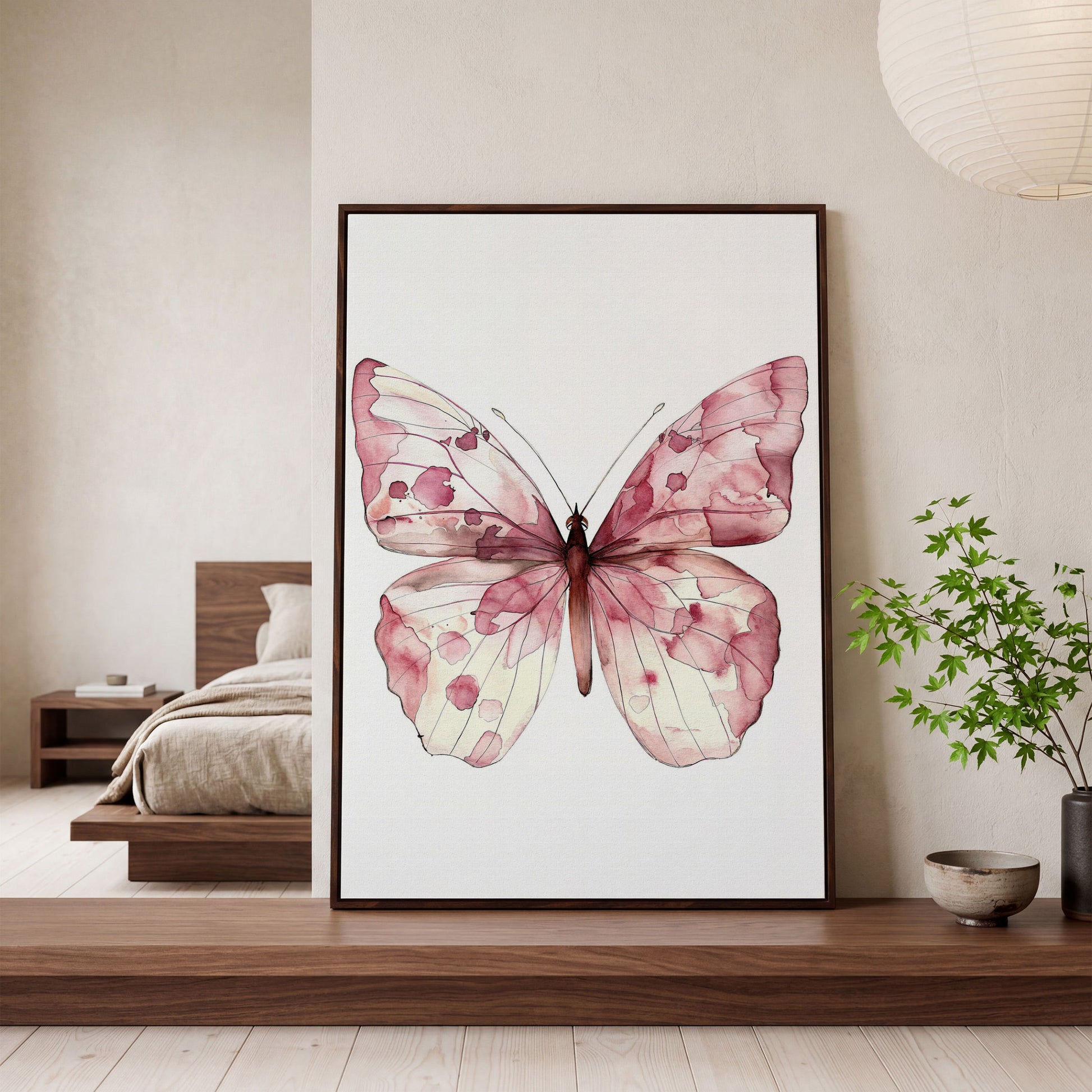 Butterfly Watercolor Canvas in Rose Quartz and Off-White in dark walnut floating frame